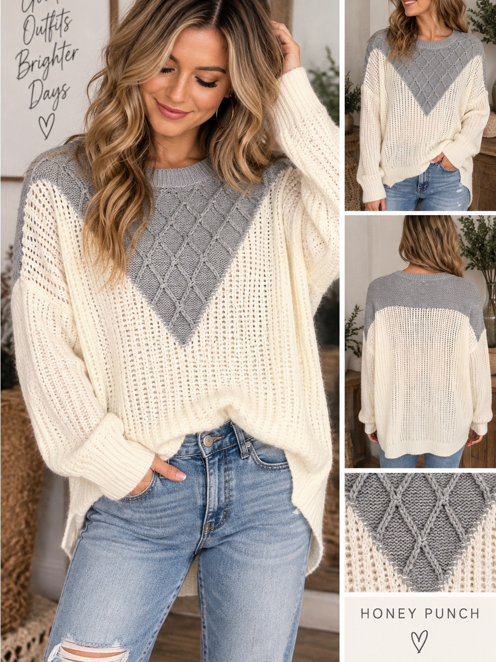 Honey Punch Cream Sweater with Gray V-Panel